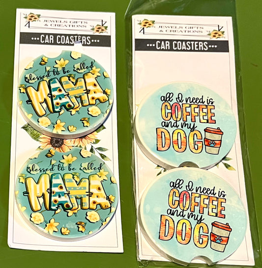 Blessed Mama/Coffee and Dogs Car Coasters